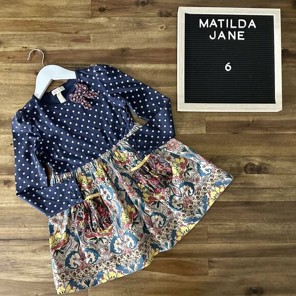 Matilda Jane Friends Forever Navy Blue Polka Floral Paisley Rowan Bow Knit Dress - Picture 1 of 8